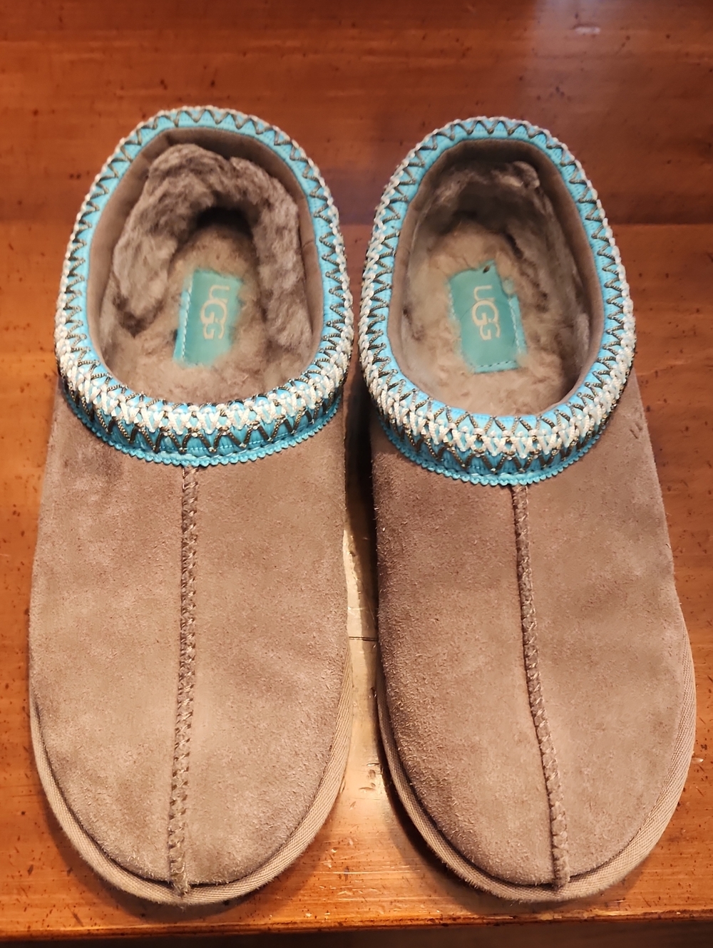 UGG Kids Brown Suede Slippers with Turquoise Trim
